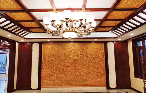 平泉中式别墅客厅中式木作横梁吊顶装饰展示